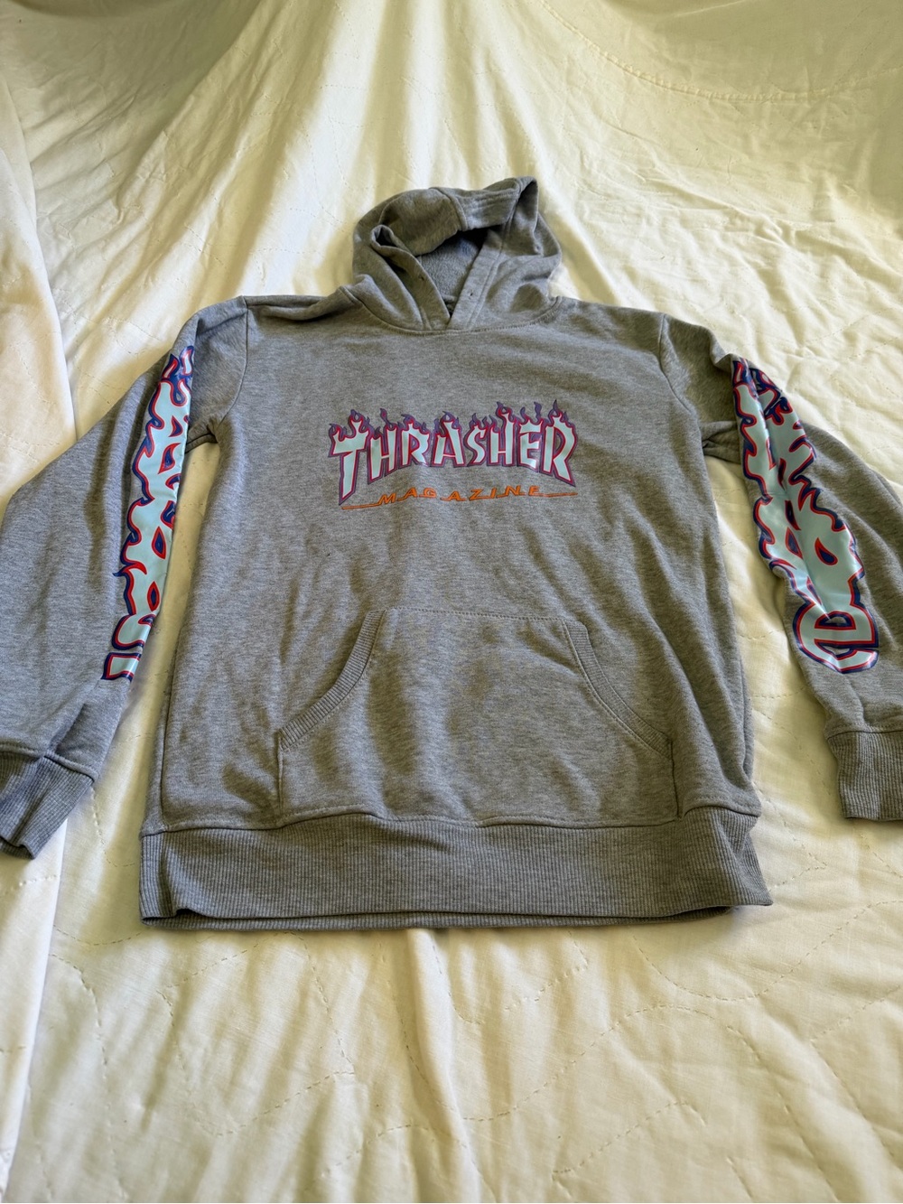 Thrasher Gray Crewneck Hoodie with Pink & Light Blue Flame Logo